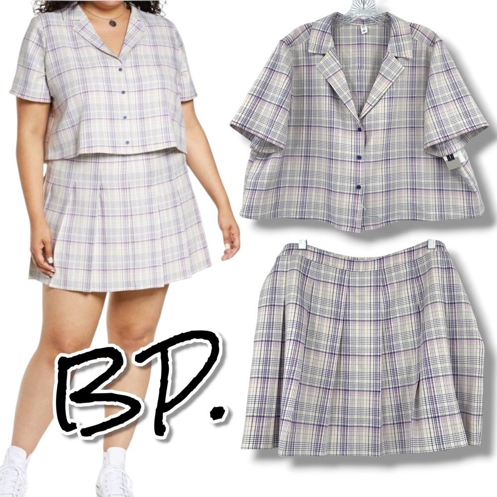 NWT BP Veronika Plaid 2 Piece Set Crop Top Pleated Mini Skirt Plus 1X Academia